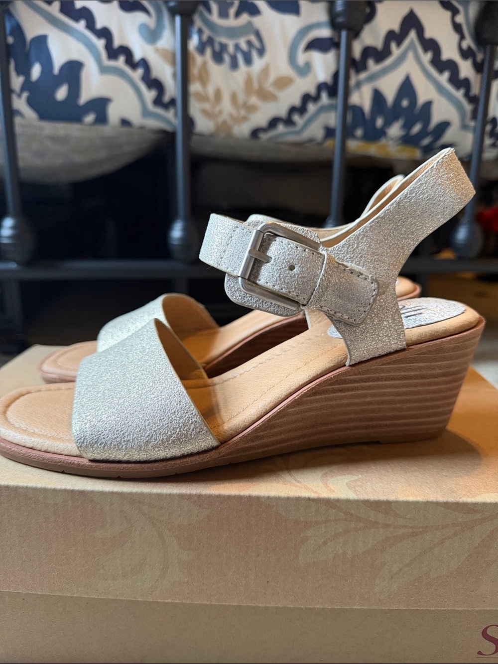 Sofft Silver Metallic Wedge Sandals with Ankle Buckle